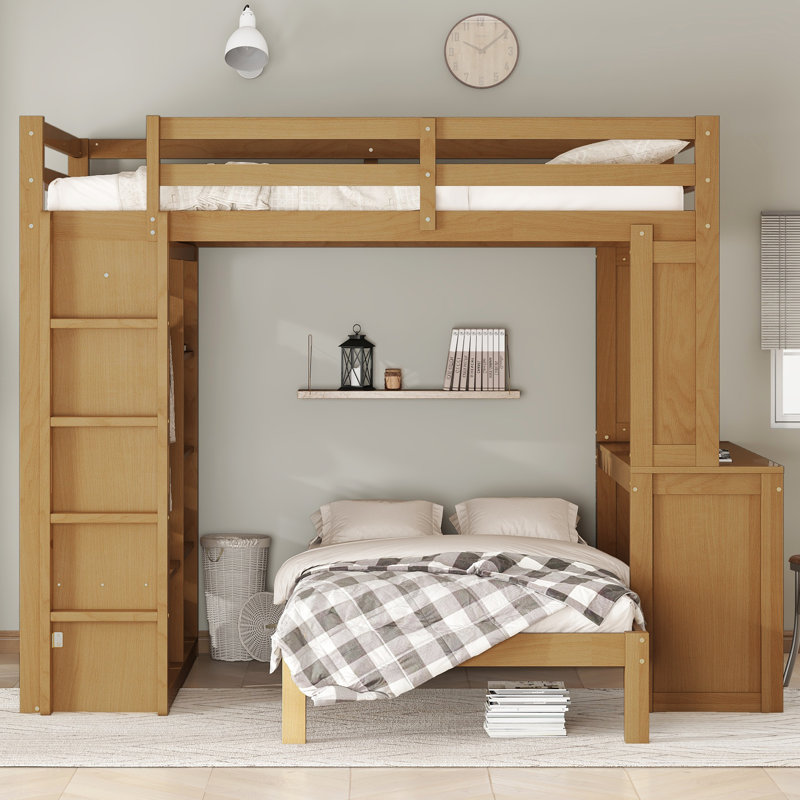 Full XL/Full Over Twin Bunk Bed With Dismountable Lower Bed And Desk, Solid Wood Bunk Beds Frame With Built-In Shelves And Wardrobe, Can Be Converted Into Loft Bed, Natural