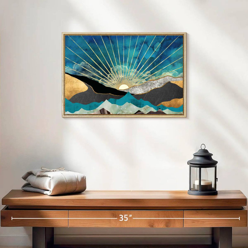 Lever de soleil abstrait, 19 po x 13 po, Cadre flottant en bois naturel