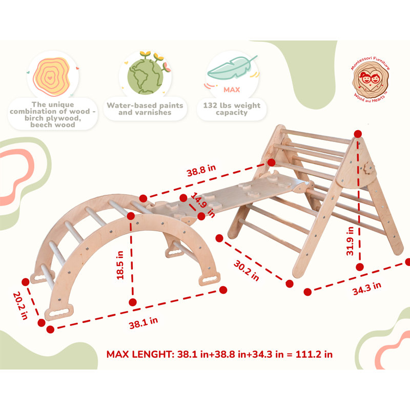 Natural Wood Montessori Climbing Set with Slide and Arch