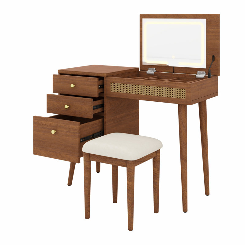 Retro Bohemian Vanity Desk with Mirror & LED Lights, Flip-Top Makeup Dressing Table with 3 Drawers & 10 Compartments Storage Vanity Set