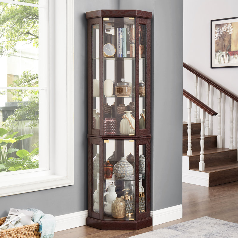 Armoire de coin de salon en cerisier foncé - vitrine en verre avec tablettes réglables et portes vitrées lumineuses