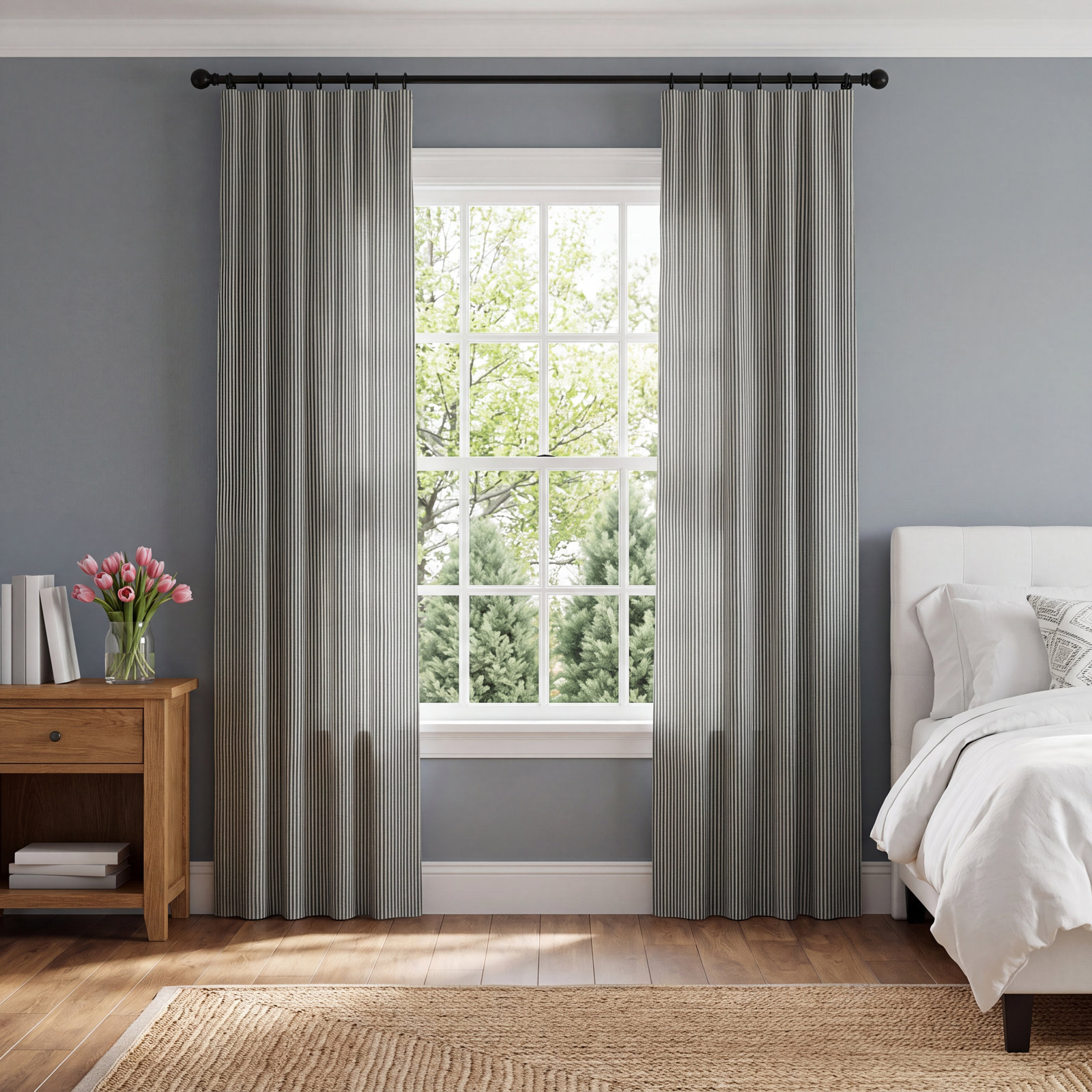 Wakefield Ticking Stripe Curtain in Dark Blue, Inverted Pleat, 33" W x 96" L, Blackout