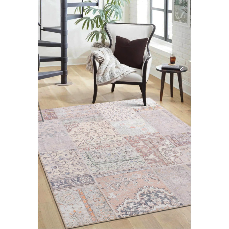 Beige Pink Patchwork Woven Base Decorative Carpet, Rectangle 9'11" x 13'2"