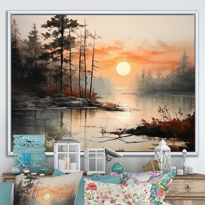 «Lake Misty Morning Reflections I - Lakes Lakehouse», art mural sur toile, H 30 po x l 40 po x P 1,5 po, Cadre flottant blanc