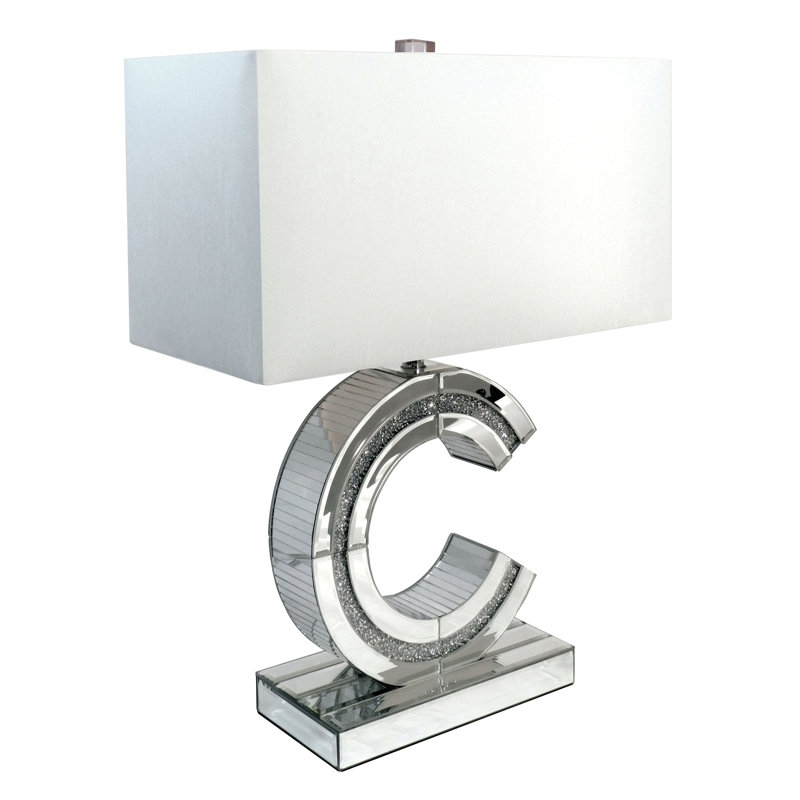 Silver Mirrored C-Shaped Table Lamp with White Shade