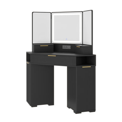 Meuble-lavabo de coin 48 po avec miroir à trois lumières DEL, 3 modes de couleur, station de charge, tiroirs et armoires, coiffeuse de coin pour chambre à coucher
