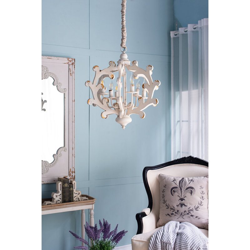Lustre en bois 6 lumières, luminaire suspendu avec chaîne réglable pour le vestibule de la salle à manger de la cuisine, ampoule non incluse