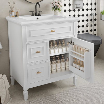 Meuble-lavabo de salle de bain avec lavabo, un tiroir rabattable, deux tiroirs, une tablette réglable, du bois massif et du panneau de fibres à densité moyenne pour un décor de salle de bain moderne