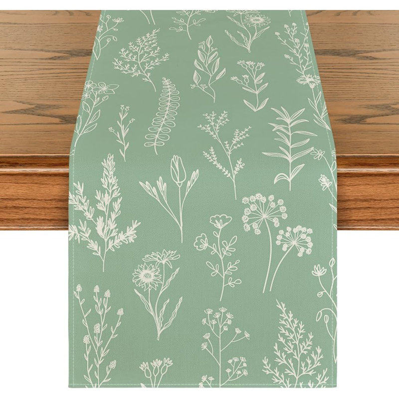 Sage Green Leaves & Floral Table Runner – Sage Green –Spring Kitchen And Dining Table Décor