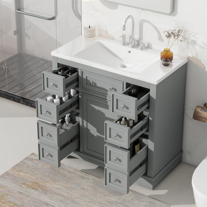Meuble-lavabo de 36 pouces avec lavabo, une armoire, six tiroirs, panneau en bois massif et panneau de fibres à densité moyenne pour les salles de bain modernes