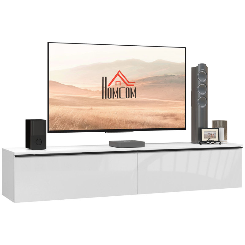 Meuble télé mural avec rangement 2 portes rabattables ultrabrillantes, blanc