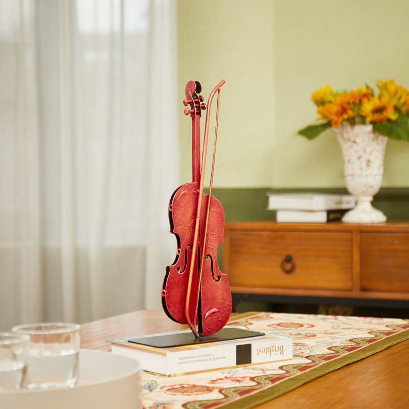 Handmade & Hand-Painted Metal Violin Statue Sculpture Décor Gifts For Music Lovers, Burgundy