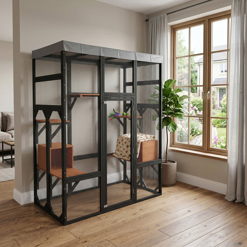 Grande cage en bois pour chats avec housse imperméable, 2 maisons pour faire la sieste et plusieurs plateformes - Abri pour animaux sécuritaire et durable