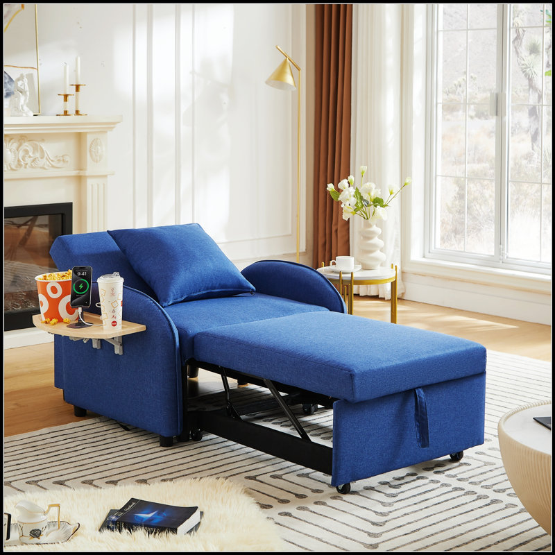 Fauteuil-lit polyvalent convertible 3 en 1 avec dossier réglable et table pliante pour petits espaces, Blue Linen
