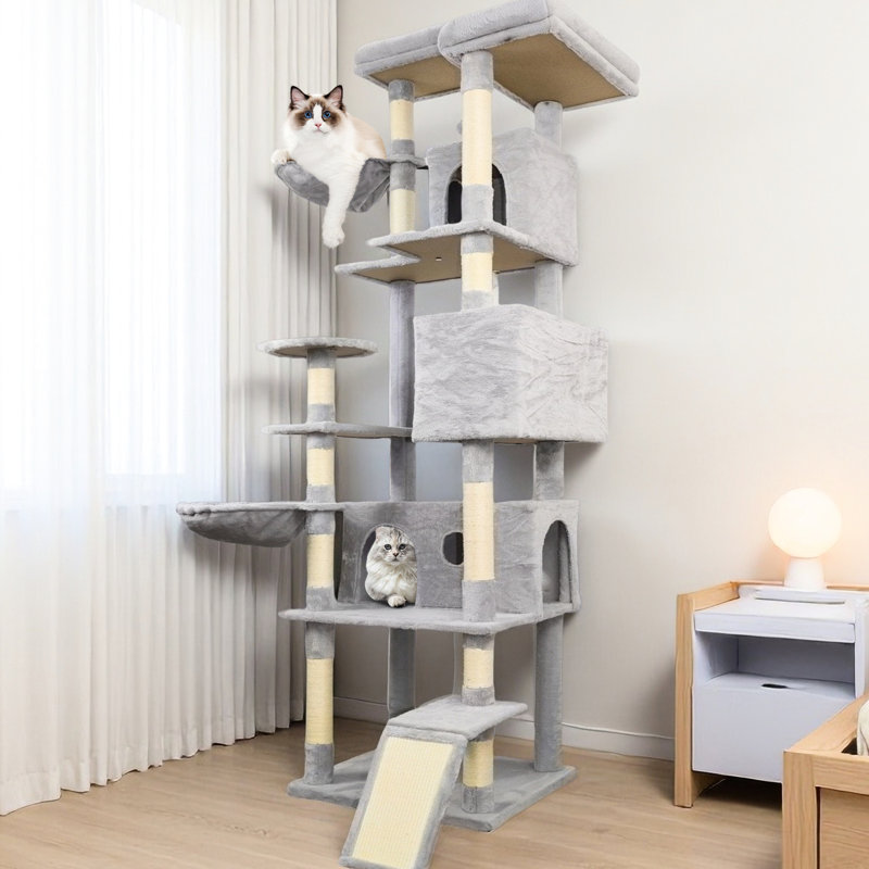 Tour pour arbre à chat de 84 pouces avec grattoir, grand et stable pour plaisir félin gris, tour pour chat, condos multiples, poteaux à griffer, plateforme supérieure, assemblage facile, propriétaires