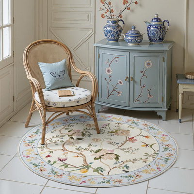 Chinoiserie Vintage Floral Rug Washable Non-slip Beige/Blue