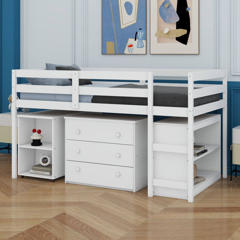 Lit mezzanine bas avec tablette, tiroirs et bureau portatif à roulettes, Blanc