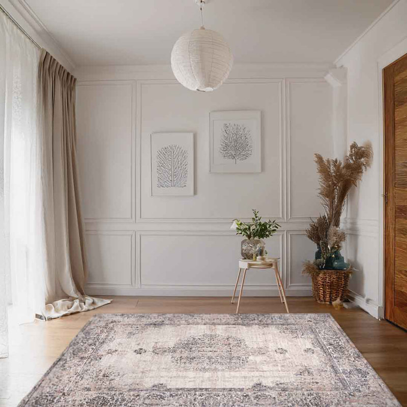Lorenz Vintage Persian Medallion White & Beige Modern Area Rug Soft Polyester Pile with Cotton Blend Backing Style Carpet