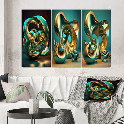 Rhythm Of Infinity 3D Turquoise Gold Sphere - Abstract Fractal Art Set Of 3 Pieces