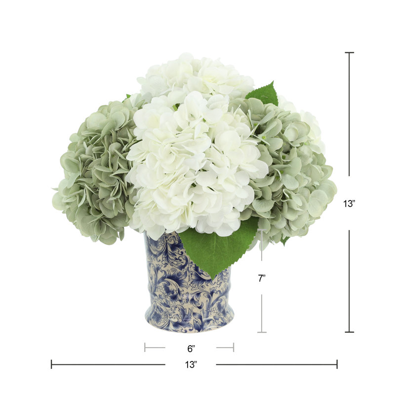 Hydrangea Arrangment In A Chinoiserie Vase, Seafoam Green/White