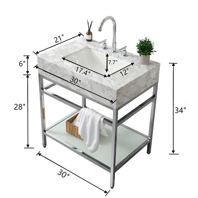 30" Natural Carrara Marble Console Bathroom Vanity with Sink, Silver Stainless Steel Frame and Glass Shelf, Silver, 30"