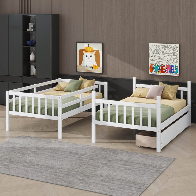 Lit superposé simple au-dessus de simple avec 2 tiroirs Design convertible polyvalent, Blanc