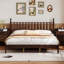 Lit plateforme très grand en bois avec tête de lit en forme de gourde, lit plateforme de style rétro avec support en lattes de bois, noyer-130145154-130145152