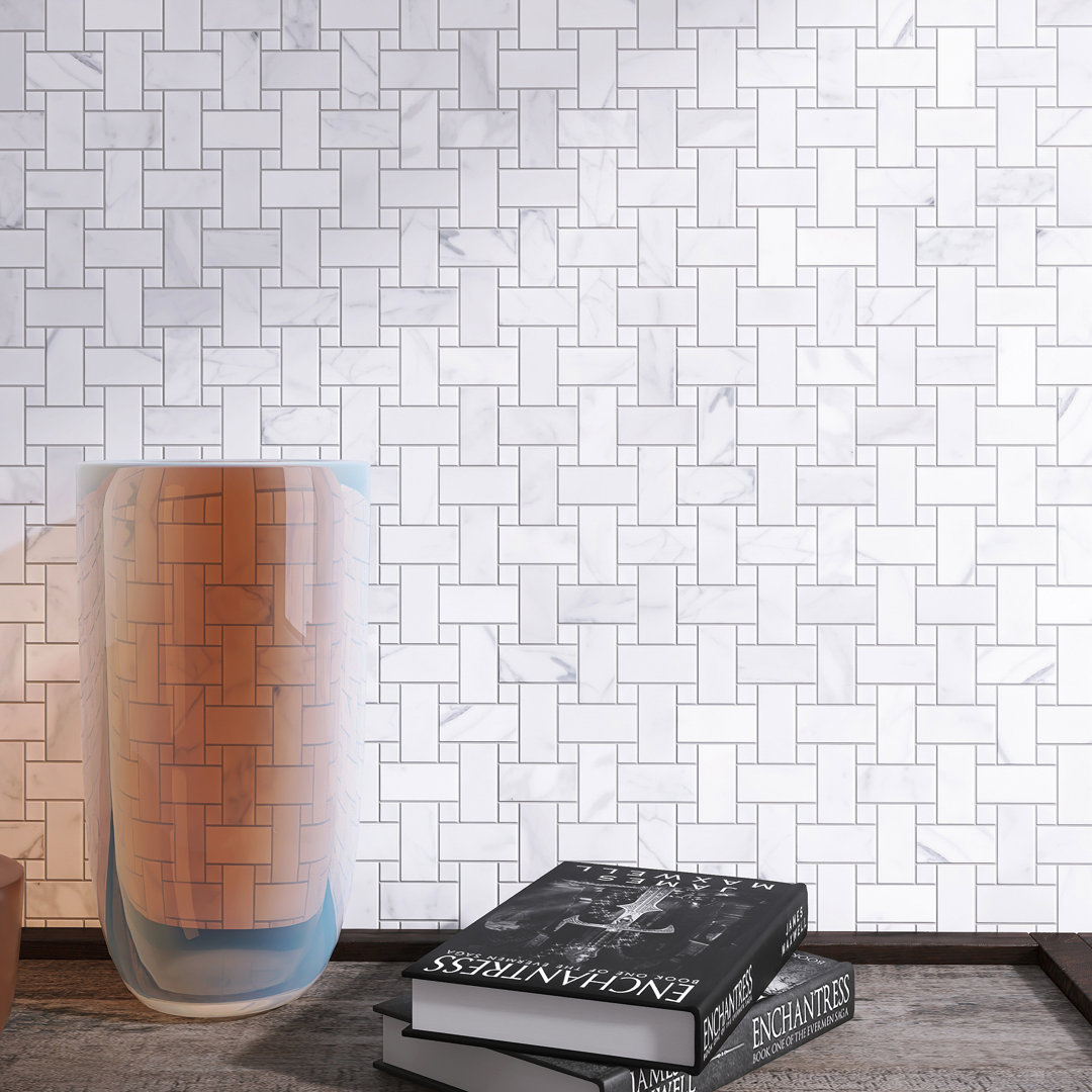 White Carrara 1" x 2" Natural Stone Basketweave Marble Look Mosaic Wall Tile Supreme Tile 