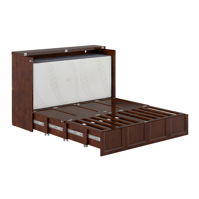 Commode-lit escamotable en bois avec matelas 6 po, tiroir de rangement et chargeur intégré Athena, Noyer