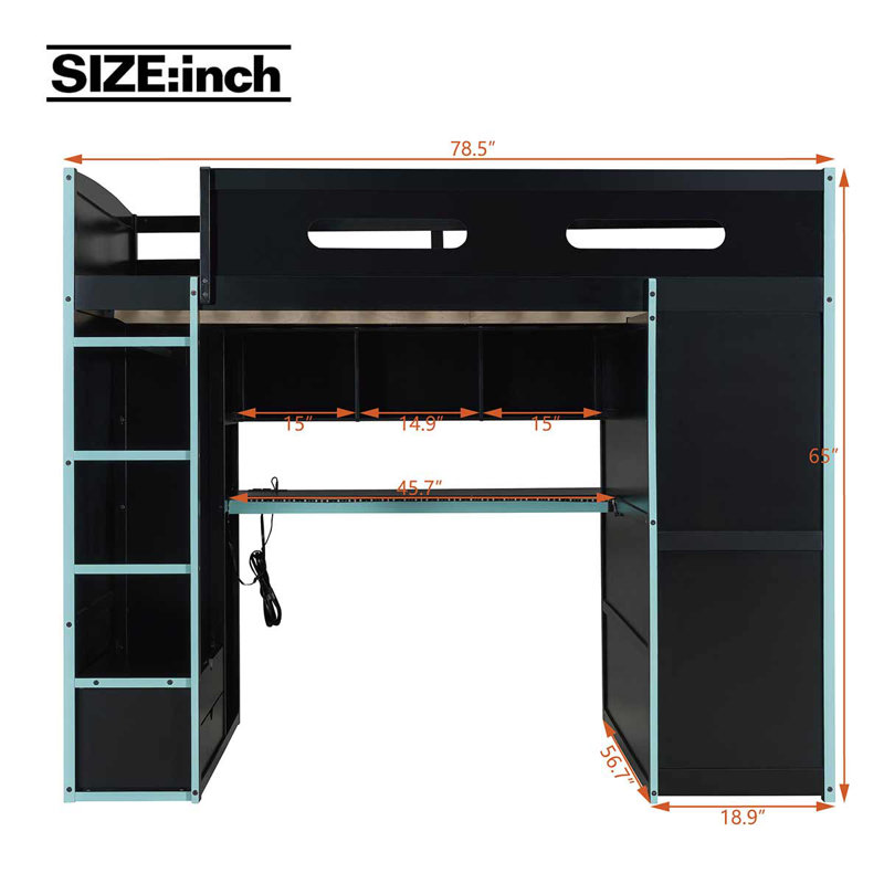 Lit mezzanine double en bois pleine grandeur de conception inspirée des joueurs avec bureau et garde-robe, Bleu