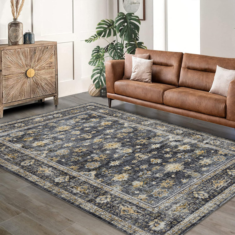 lxt-Boho Area Rug Living Room Rugs Floral Carpet Machine Washable Carpet Non Slip Rugs for Bedroom Dining Kitchen Office