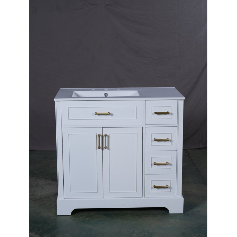 Meuble-lavabo de luxe 36 po avec lavabo en céramique, portes à fermeture douce, 4 tiroirs à fermeture douce et durable, 1 tablette réglable, structure moderne en bois massif