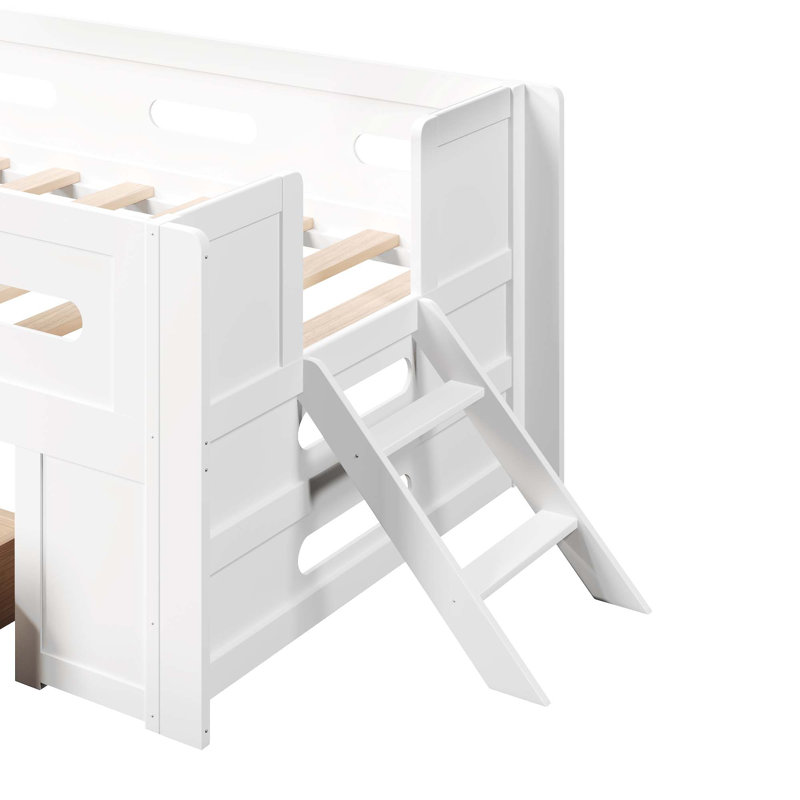 Lit plateforme en bois avec garde-corps et tiroir, blanc, Lit simple, Blanc