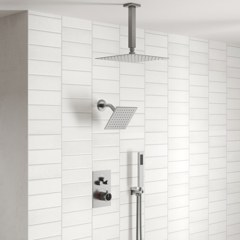 Robinet de douche à pluie haute pression de plafond de 12 po, système de pomme de douche à double effet de pluie avec valve thermostatique