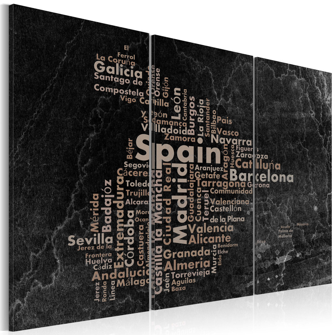 Leinwandbild - Text map of Spain on the blackboard - triptych