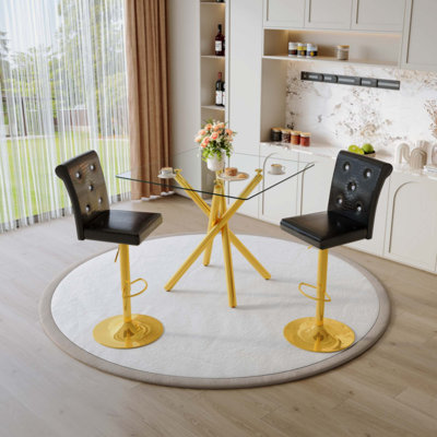 Modern Glass Bar Table and Adjustable Bar Stools Set of 2, Contemporary Counter Height Pub Table with Chrome Legs, PU Leather Swivel Bar Chairs for Kitchen Island, Home Bar, Small Space