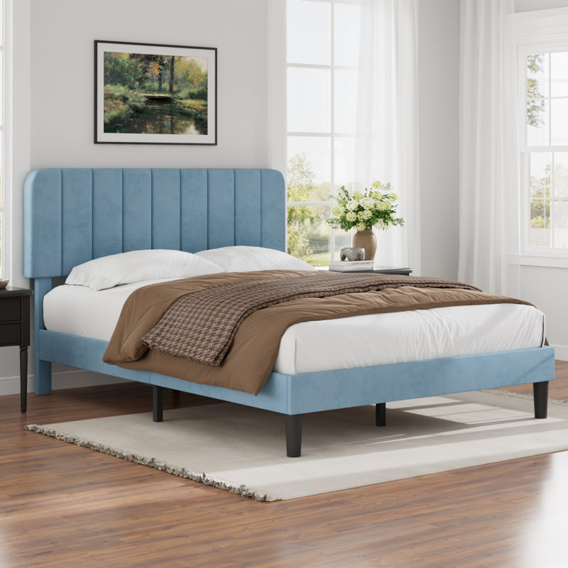 Upgraded Velvet Upholstered Platform Bed with Adjustable Headboard, Reinforced & Quiet Design, No Box Spring Needed, Sturdy Wood Slat Support, Easy Assembly