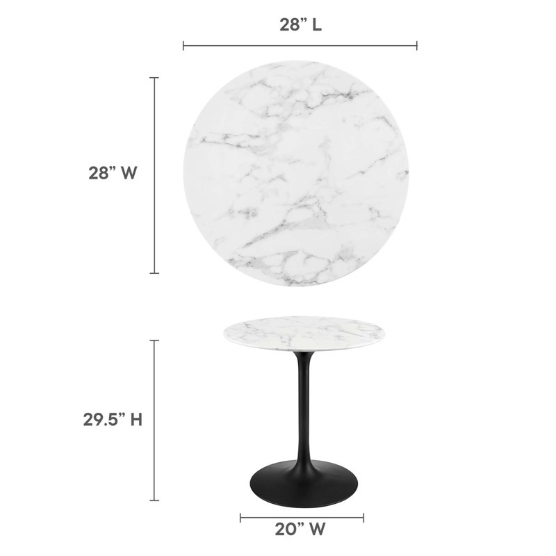 Table de salle à manger ronde en marbre artificiel , H 29,5 po x l 27,5 po x L 27,5 po, Blanc, Noir
