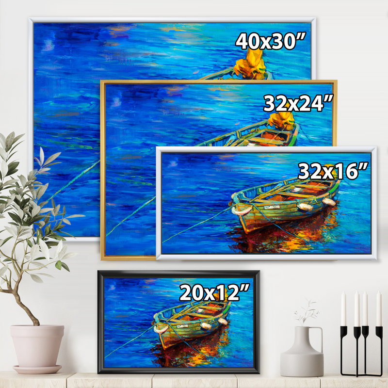 Bateaux qui reposent sur l'eau pendant un coucher de soleil chaud IV - peinture sur toile, H 30 po x l 40 po x 1,5 po