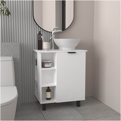 Allegra Floating Vessel Sink Bathroom Vanity, Double Doors, And Storage Shelf, White