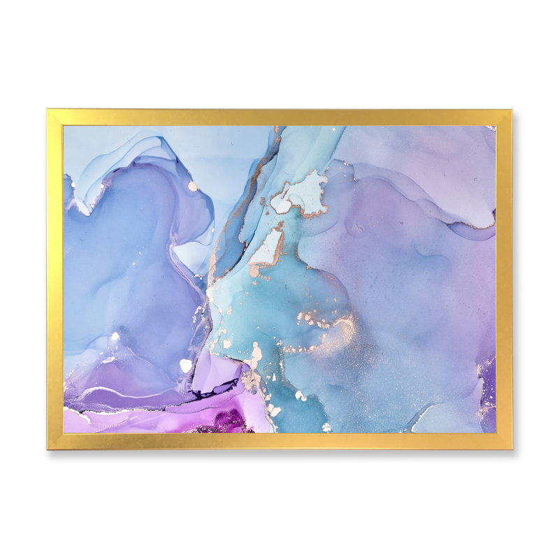Art liquide bleu avec veines dorées II - reproduction sur toile, H 12 po x l 20 po, Toile à cadre d'angle fermé doré