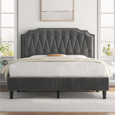 Gelinkaya Velvet Tufted Upholstered Platform Bed with Wood Slats Headboard Included