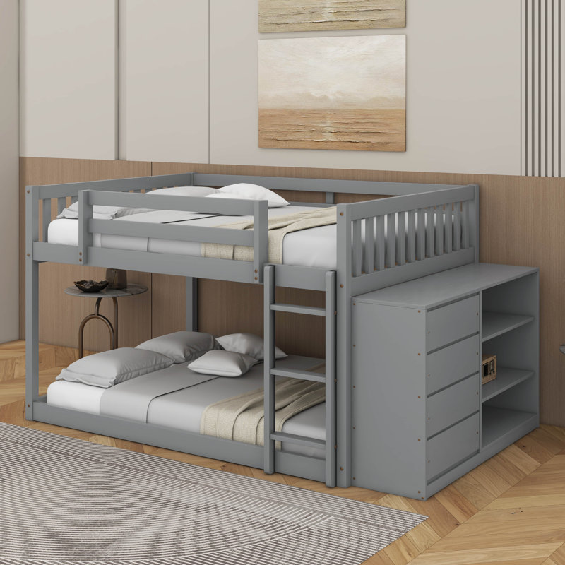 Lit double superposé au dessus d'un lit double avec tiroirs et 3 tablettes, Gris