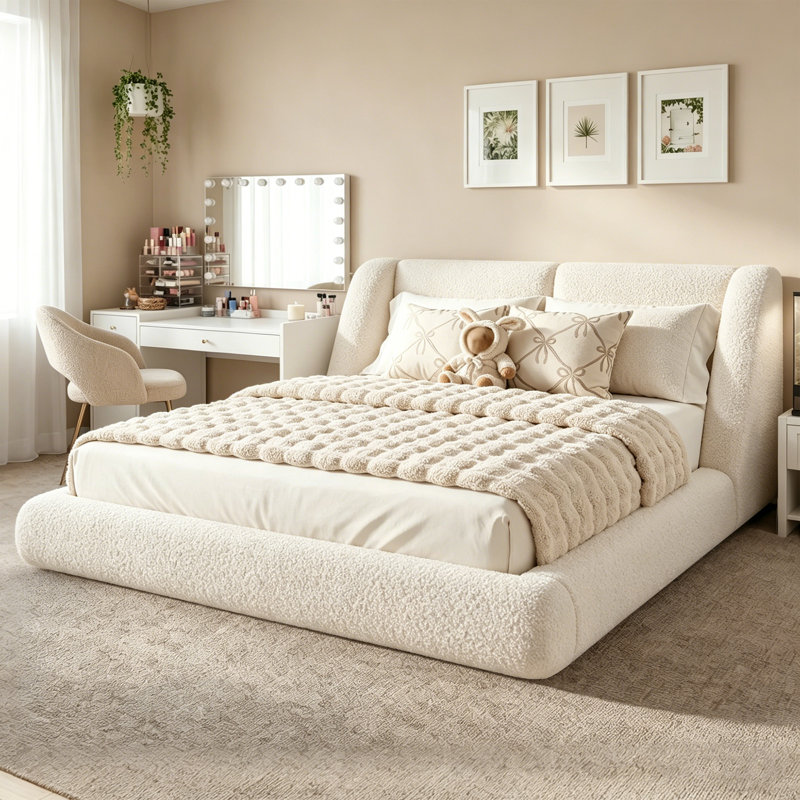 Structure de lit tapissier Cloud, lit rembourré en tissu doux avec tête de lit à oreilles de 5 po d'épaisseur, lit plateforme pour chambre à coucher moderne, assemblage facile et sans sommier