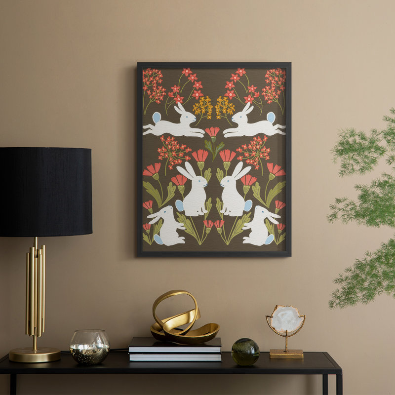 «Folk Flower and Rabbit II», reproduction encadrée - bois massif, H 30 po x l 24 po, Noir, noir, noir, noir
