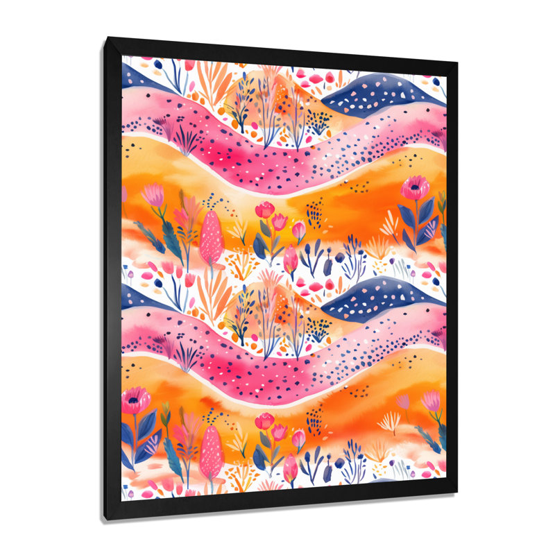 Rose, orange, abstrait, paysage boho II, H 12 po x l 20 po, Cadre simple noir