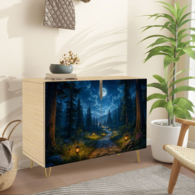 Sideboard Buffet Cabinet with Storage Path Forest Lanterns Flowers with 2 Doors for Living Room and Kitchen
