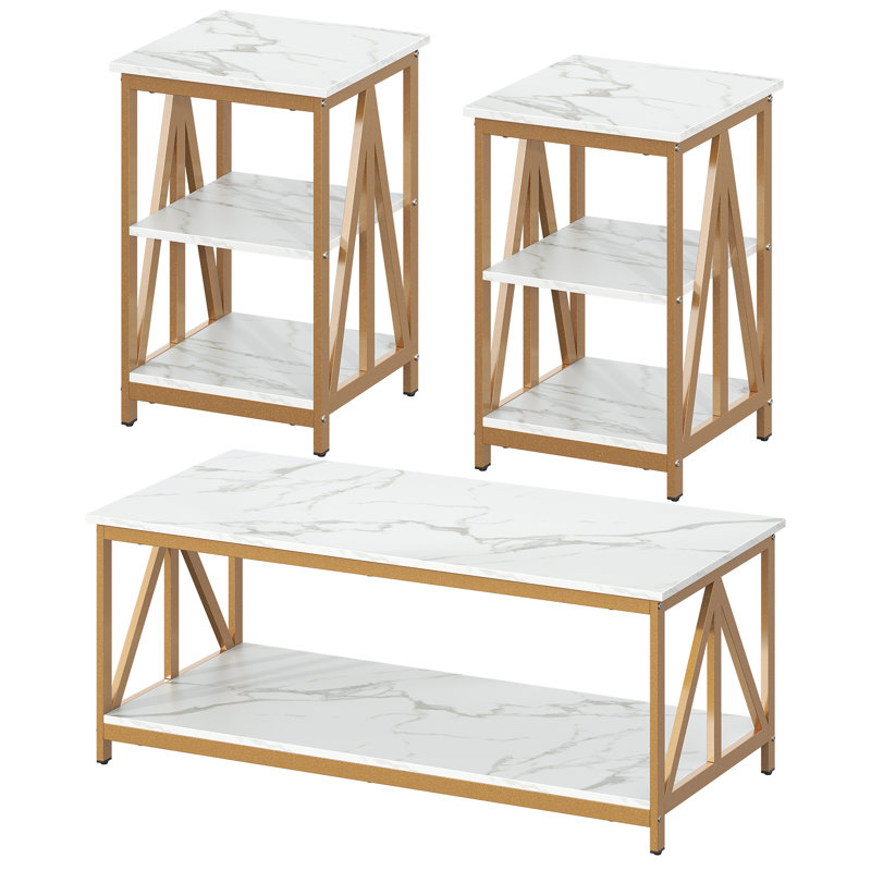 Mercer41 Living Room Coffee Table Set of 3, Industrial Triangular-Design Coffee Table and 2 End Side Tables, 3 Piece Living Room Table Set with Large Storage for Apartment Home (Marble White)