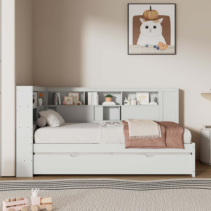 Lit de jour simple en bois avec tablettes de rangement, USB et lit gigogne, Blanc