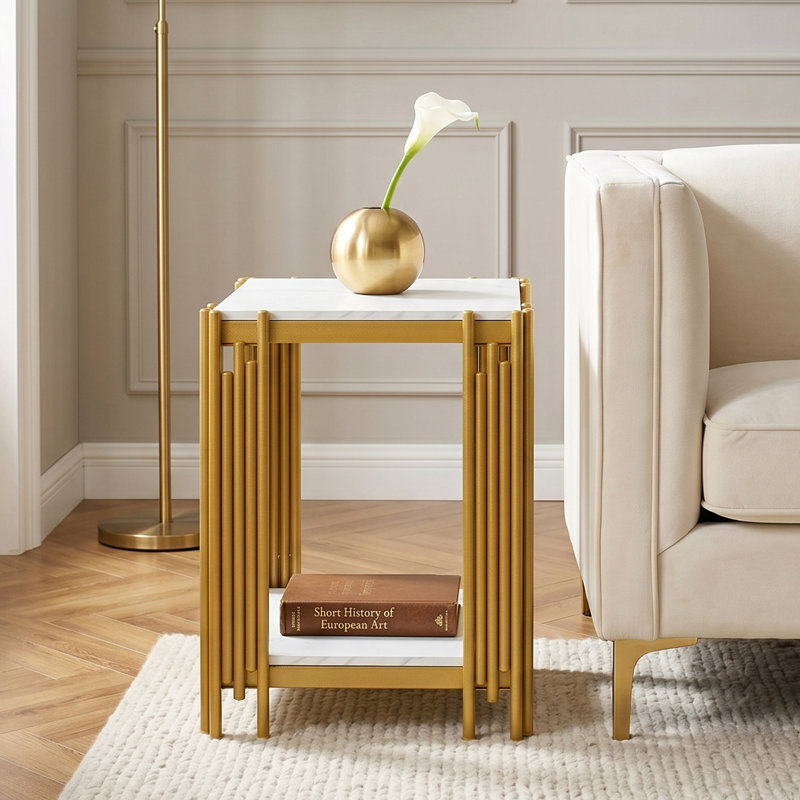 43 cm W Iron Bedside Table, Gold